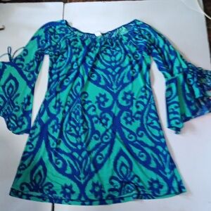 2 B together blue and aquagreen printed mini dress flared sleeves